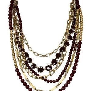 Vintage Gold Tone Burgundy Glass Beaded Layered Statement Chain Necklace 18”